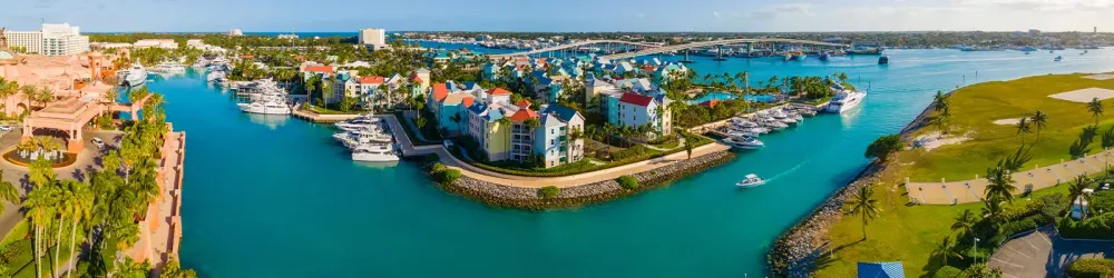 Harborside Villas aerial view and Paradise Island Bridge at Nassau Harbour, from Paradise Island, Bahamas.
